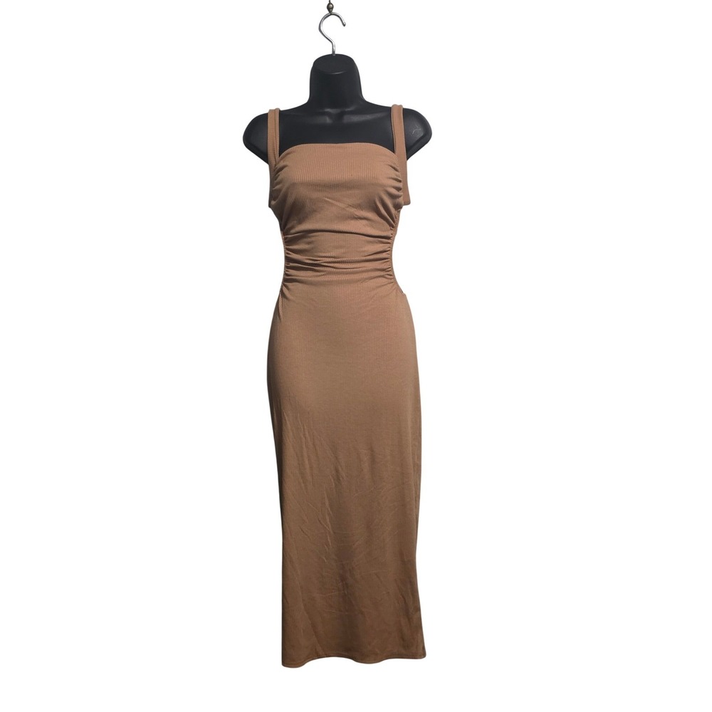 Amable Camel Tan Ribbed Ruched Open Back Lace Up Maxi Dress Sz L NEW